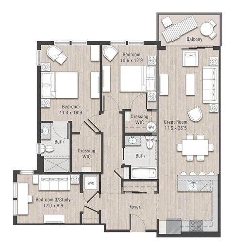Floor plan for 3 beds, 2 baths, 1280 sqft